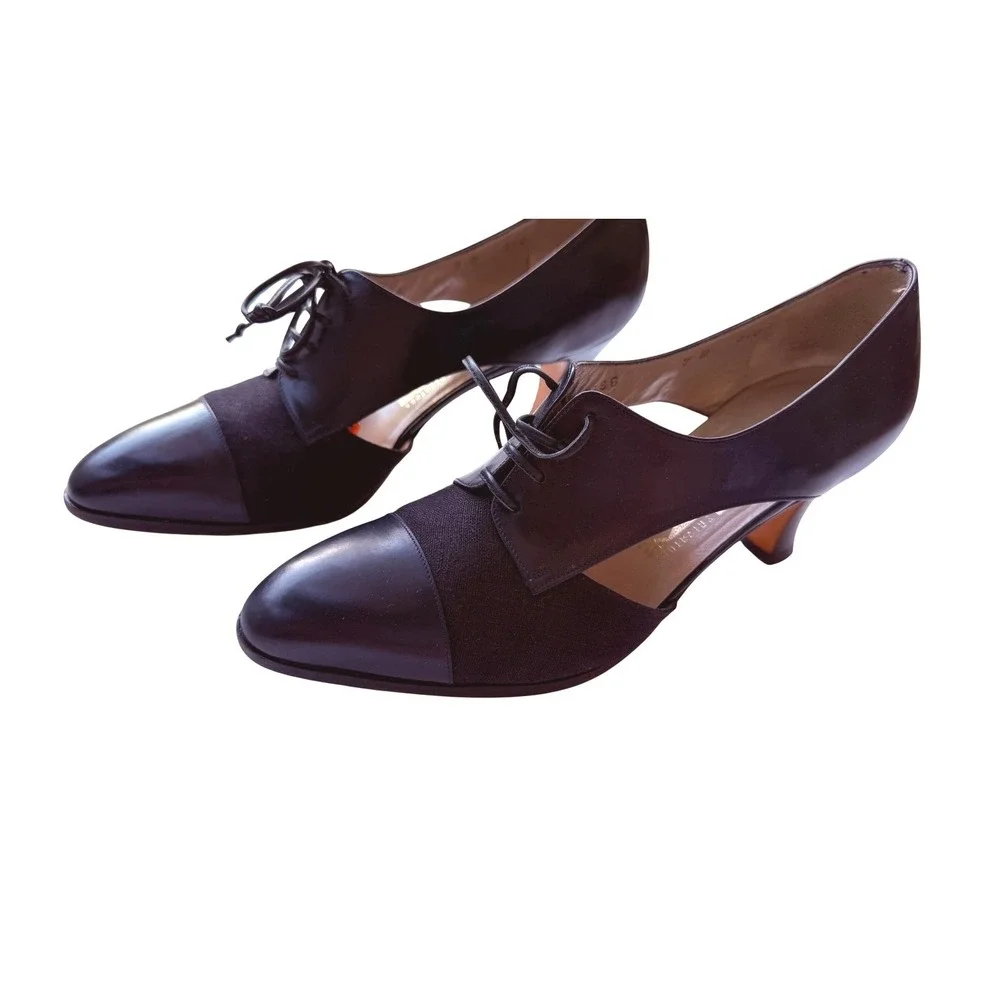 Salvatore Ferragamo Vintage Leather Fabric Lace Up D'Orsay Kitten Heels 7B Italy